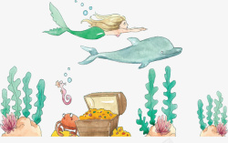 水彩美人鱼水彩手绘海底美人鱼矢量图高清图片