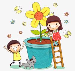 花穿着的姑娘卡通浇花的小姑娘高清图片