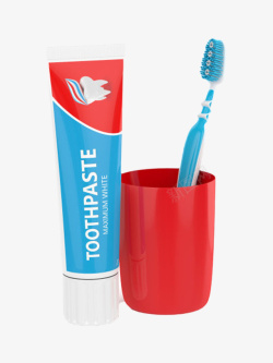 白胶粉放在红色杯子里的牙刷和蓝色包装高清图片