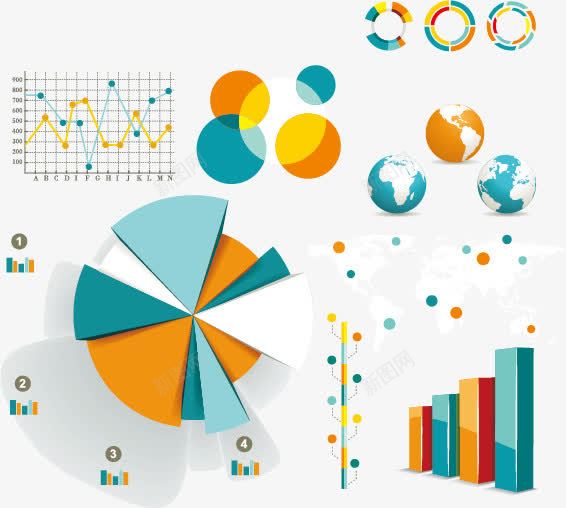信息图形和图表的元素素图标png_新图网 https://ixintu.com 5 世界地图 信息图形 动感 图标 圆饼图 地球 数据 柱状图 设计元素