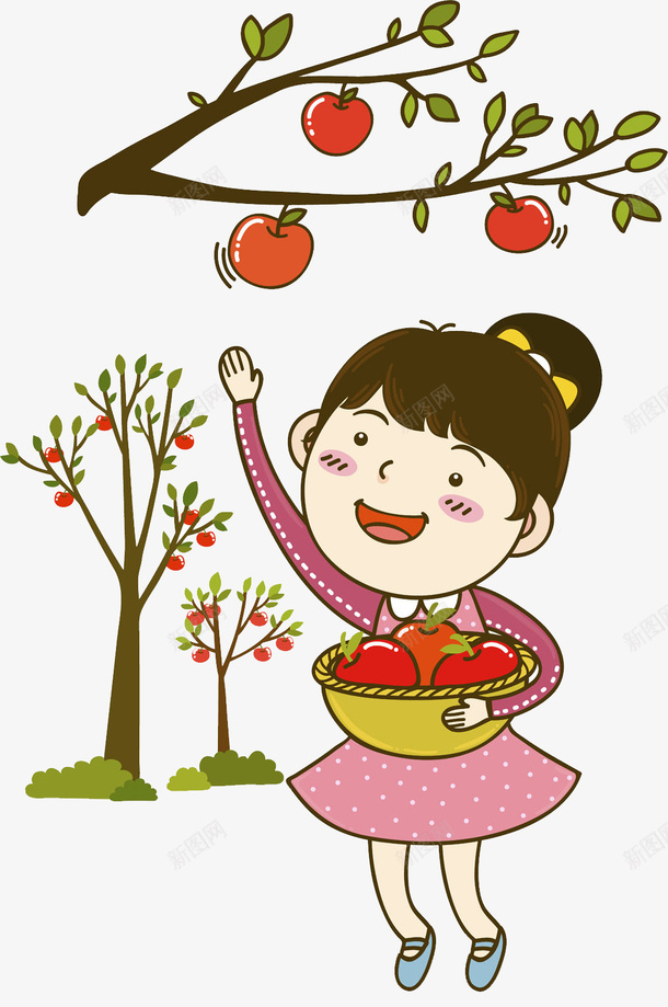 摘苹果的女孩png免抠素材_新图网 https://ixintu.com 卡通 可爱的 女孩 红色的 苹果树 采摘 高兴地