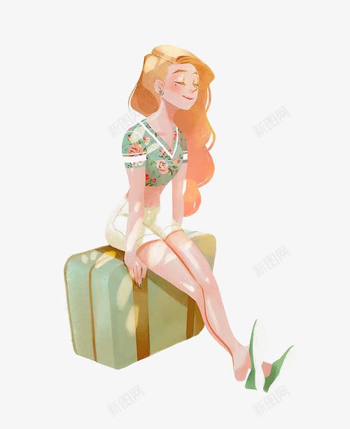 坐在行李箱上的女孩png免抠素材_新图网 https://ixintu.com 卡通女孩 夏天 巧克力女孩 旅行 欧美 清新