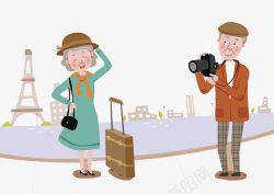 纪念行李箱水彩拍照的老人图高清图片