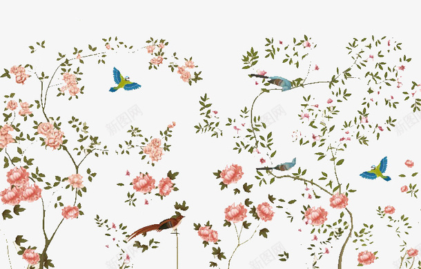 花枝与鸟png免抠素材_新图网 https://ixintu.com 复古 小鸟 手绘 欧式 清新 自然 花枝 装饰纹样