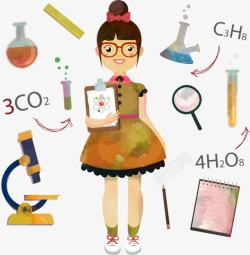 卡通试管手绘水彩化学专业女学生高清图片