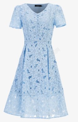 v领雪纺镂空蕾丝蓝色裙子高清图片