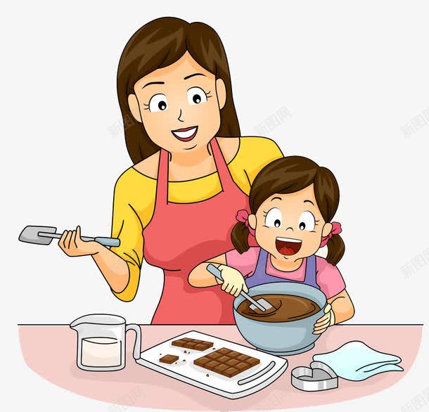 卡通小女孩和妈妈png免抠素材_新图网 https://ixintu.com 做蛋糕 制作蛋糕 卡通 厉害妈妈 可爱 女人 妇女 小女孩 手绘 煮饭 美食 蛋糕