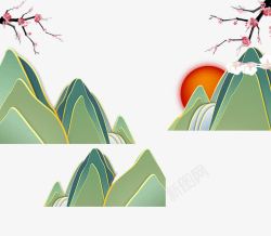 卡通山和日落素材