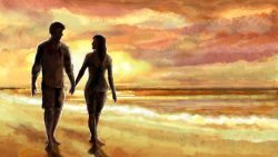 宽广大海装饰画海边手牵手的情侣油画高清图片