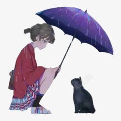 女孩为流浪猫打伞素材