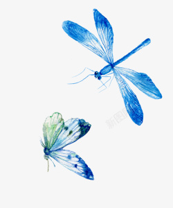 蓝色蜻蜓水彩蓝色蜻蜓和蝴蝶高清图片