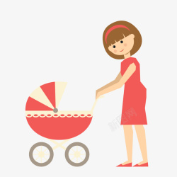扁平化婴儿车推婴儿车妇女扁平人物插图矢量图高清图片