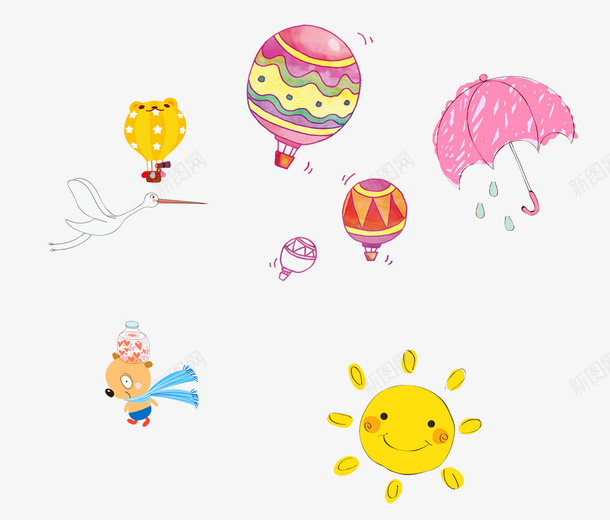 卡通装饰png免抠素材_新图网 https://ixintu.com 卡通 卡通装饰品 夏天 太阳 小清新 热气球 装饰 雨伞
