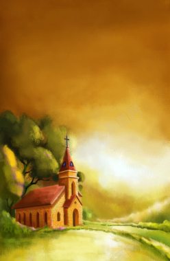 峡谷中的教堂油画背景