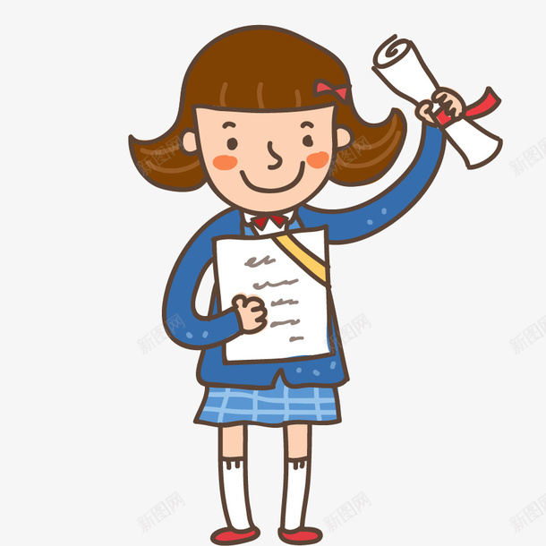 得奖的女孩png免抠素材_新图网 https://ixintu.com 卡通 可爱的 女孩 学生 开心 荣誉证书 高兴地