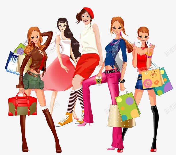 时尚女性png免抠素材_新图网 https://ixintu.com 卡通 卡通模特 广告设计 彩色卡通人物设计 摆造型 时尚女性 海报设计 美女 购物 购物主题设计 购物袋 逛街