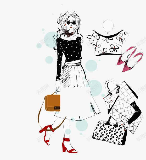 女性购物png免抠素材_新图网 https://ixintu.com 年轻女性 手提购物袋 手绘水彩人物 时尚穿搭 时装服饰 疯狂购物 裙子时装