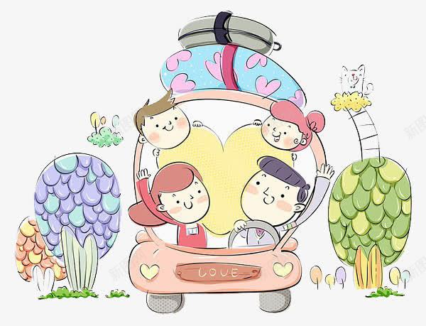 全家一起去玩耍png免抠素材_新图网 https://ixintu.com 全家 卡通 旅游 春天出行 春游 树 汽车 玩耍 自驾游