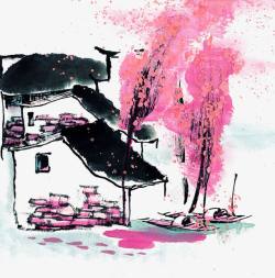粉色的房屋江南水乡秋天水墨画高清图片