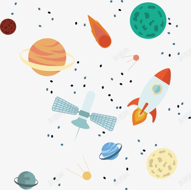 手绘星空png免抠素材_新图网 https://ixintu.com 卫星 彩色 手绘 斑点 星星 月球 火箭 行星