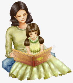 女儿看书手绘水彩插图母亲节妈妈与女儿一高清图片