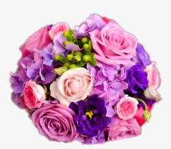 婚礼场地摆设一束球状紫色新娘捧花高清图片