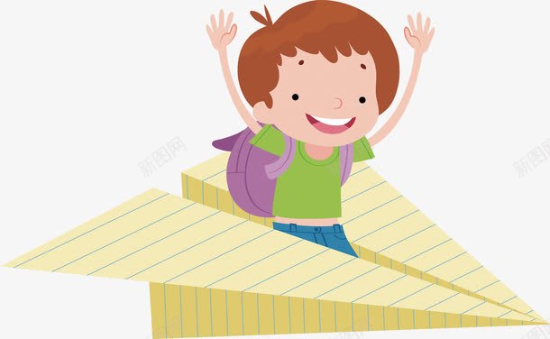 纸飞机上的卡通男孩png免抠素材_新图网 https://ixintu.com 乘坐 书包 卡通 学生 开心的 折纸 男孩 纸飞机