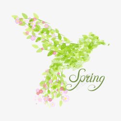 晚霞春鸟春季花朵和树叶组合的蜂鸟高清图片
