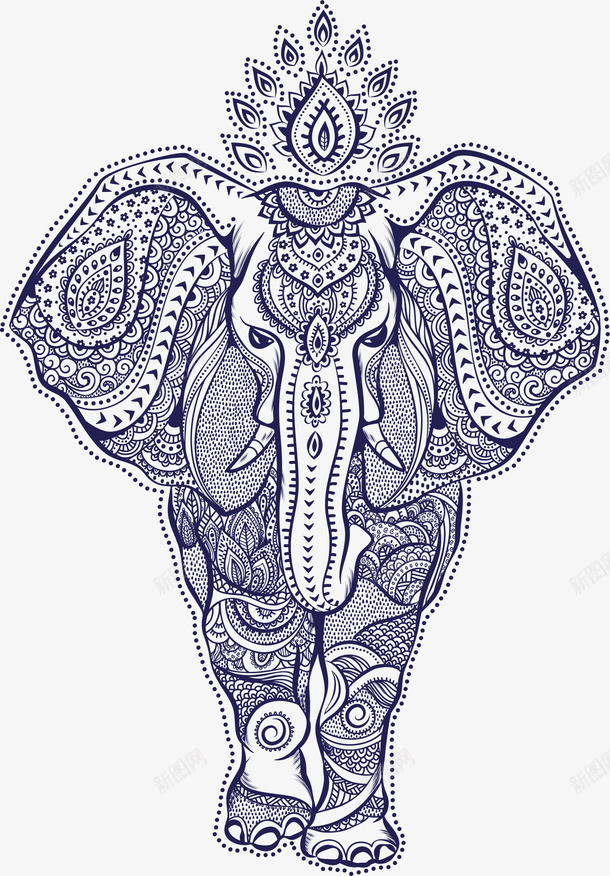 蓝色线条大象png免抠素材_新图网 https://ixintu.com 图案 复古 大象 简约 线条 蓝色 装饰图案