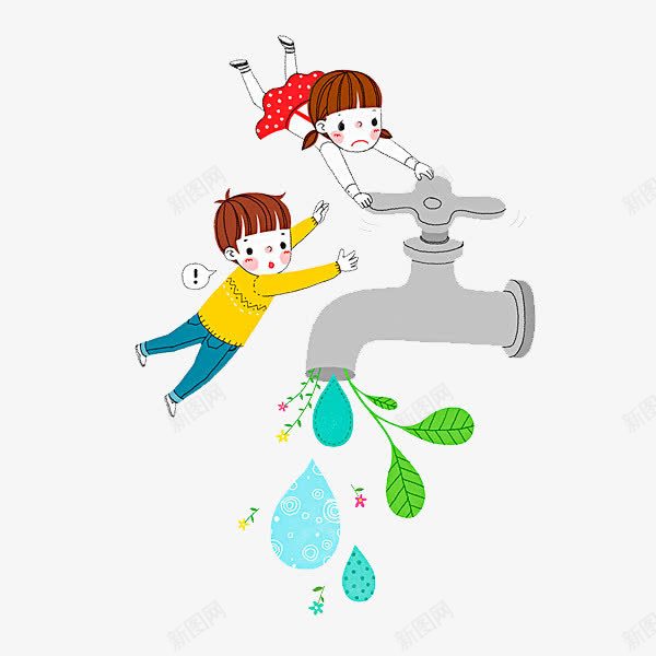 节约用水的孩子png免抠素材_新图网 https://ixintu.com 卡通 可爱的 小孩 水龙头 省水 简笔 绿色的 节约用水