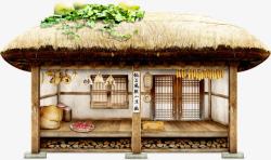 房子木板茅草房子彩绘形象食物玉米木板高清图片