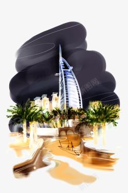 住宿标志彩绘迪拜风光高清图片