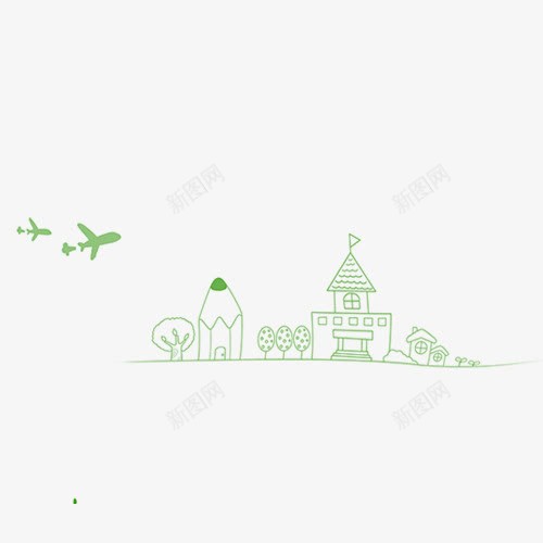 绿色简笔画png免抠素材_新图网 https://ixintu.com 卡通 小树 手绘 楼房 简笔 线条 绿色 飞机