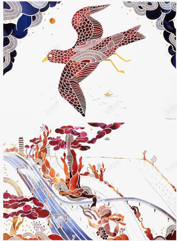 装饰画鸟png免抠素材_新图网 https://ixintu.com 云层 和风 彩色 手绘 抽象 植物 线纹 装饰