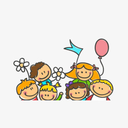 一群气球卡通手拿气球旗子花朵的欢呼的孩高清图片