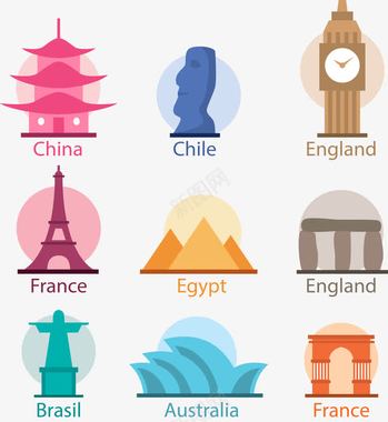 世界各地创意卡通旅游景点图标图标