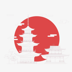 手绘日出卡通日本神社古寺高清图片