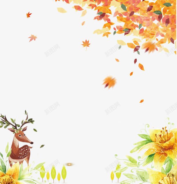 手绘秋叶花朵梅花鹿背景png图片免费下载 素材7yxewvpee 新图网