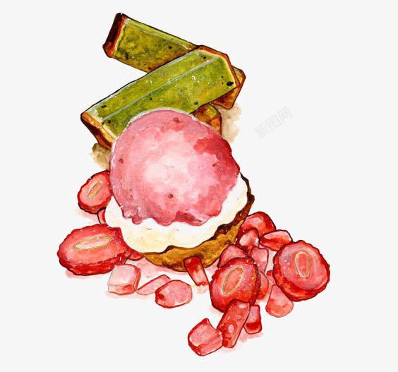 水彩甜点png免抠素材_新图网 https://ixintu.com 下午茶 冰淇淋 冰淇淋球 奶油 草莓