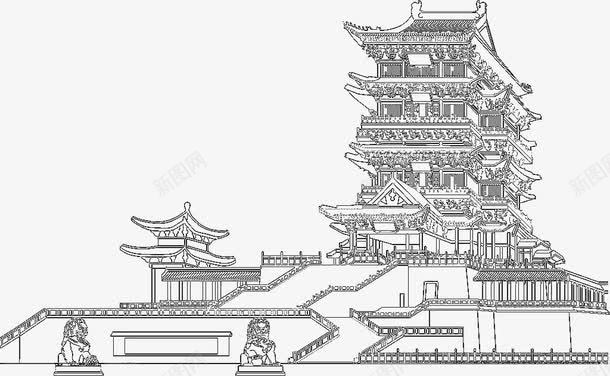 滕王阁黑白线描稿png免抠素材_新图网 https://ixintu.com 亭台楼阁 亭阁 全景 滕王阁 线描稿 黑白