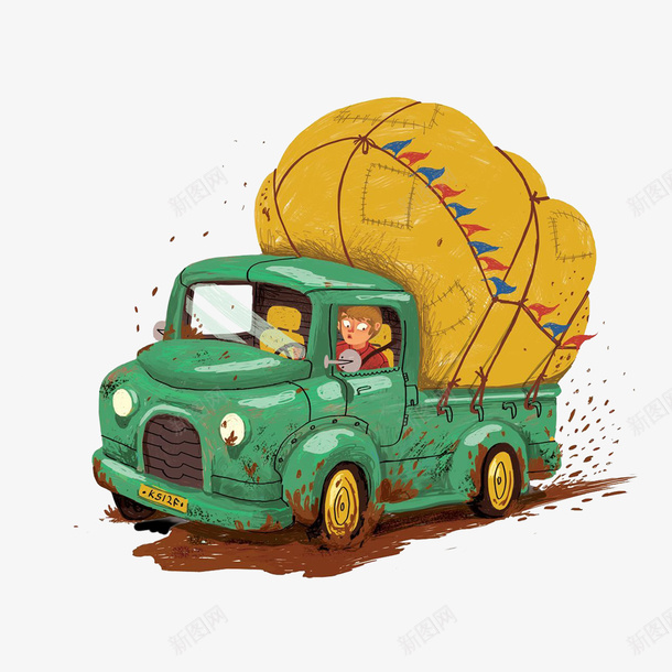 插画欣赏png免抠素材_新图网 https://ixintu.com 下雨 小货车 氢气球 飞溅的泥土