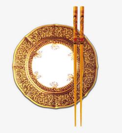 金色边缘盘子中国古典金色盘子筷子高清图片