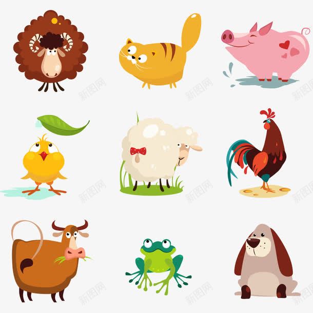 卡通动物png免抠素材_新图网 https://ixintu.com 动物 卡通动物 小猪 小鸭子 矢量动物 青蛙 鸡