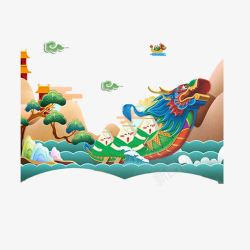 卡通龙舟载着粽子创意蓝色轮船端午节卡通龙舟高清图片