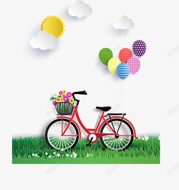 立体自行车png免抠素材_新图网 https://ixintu.com 太阳 气球 白云 红色自行车