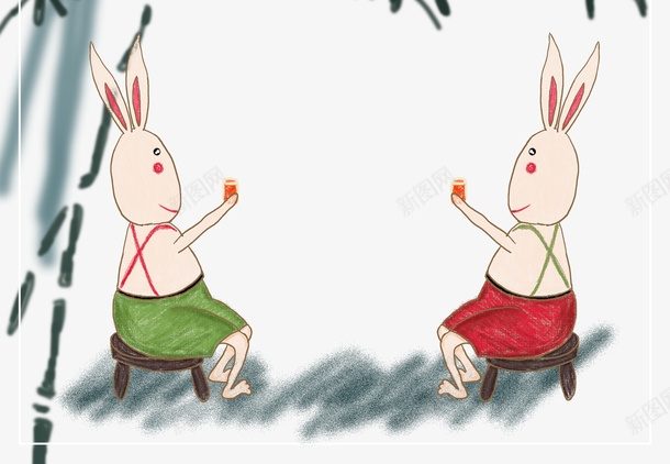 水墨兔子png免抠素材_新图网 https://ixintu.com 2只兔子 中秋 兔子 八月十五 小凳子 水墨画 竹子