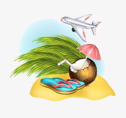 飞机下的人字拖和椰子插画素材