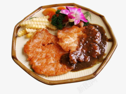 煎海蛎餐饮美食黑椒猪排多边形盘子高清图片