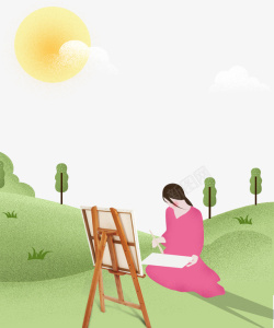 卡通手绘春季草地里画画的女素材