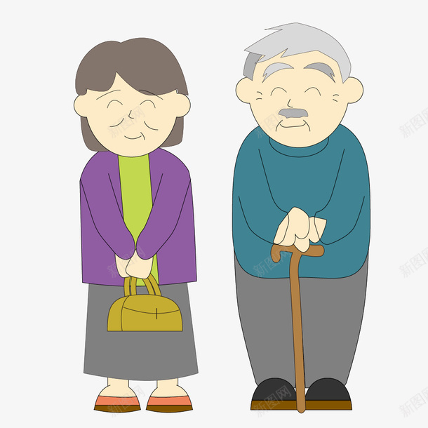可爱的老头老太太卡通图png免抠素材_新图网 https://ixintu.com 人物 卡通 微笑的 拐杖 白发老头 老太太 表情